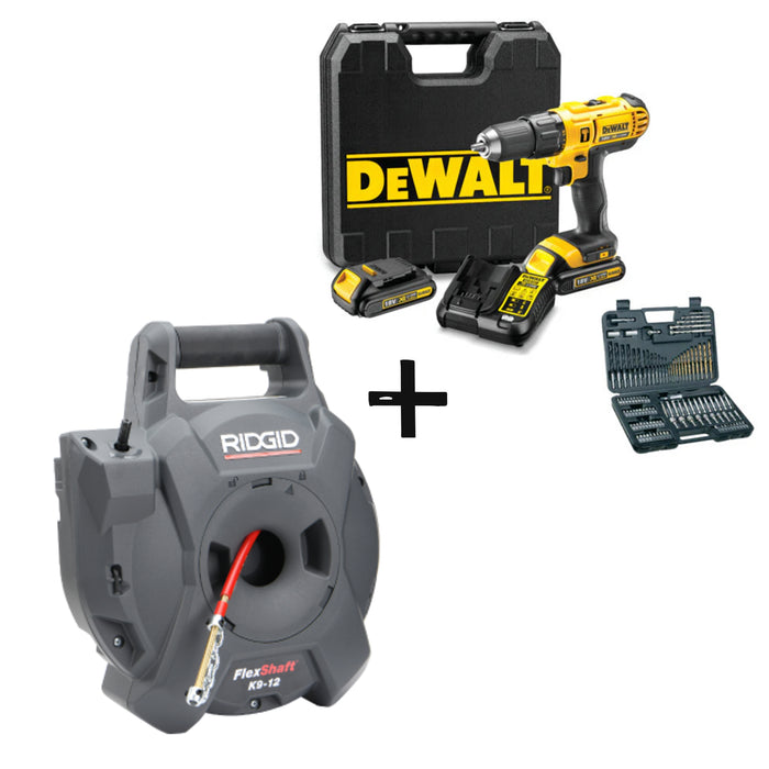 RIDGID FlexShaft® K9-12 Wall-to-Wall Drain Cleaning Machine + DeWalt 18V Hammer Drill & Bit Set COMBO